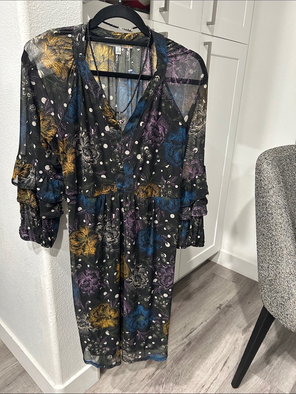 fig and flower Black Floral Sheer Long-Sleeve Midi Dress with Polka Dot Accents
